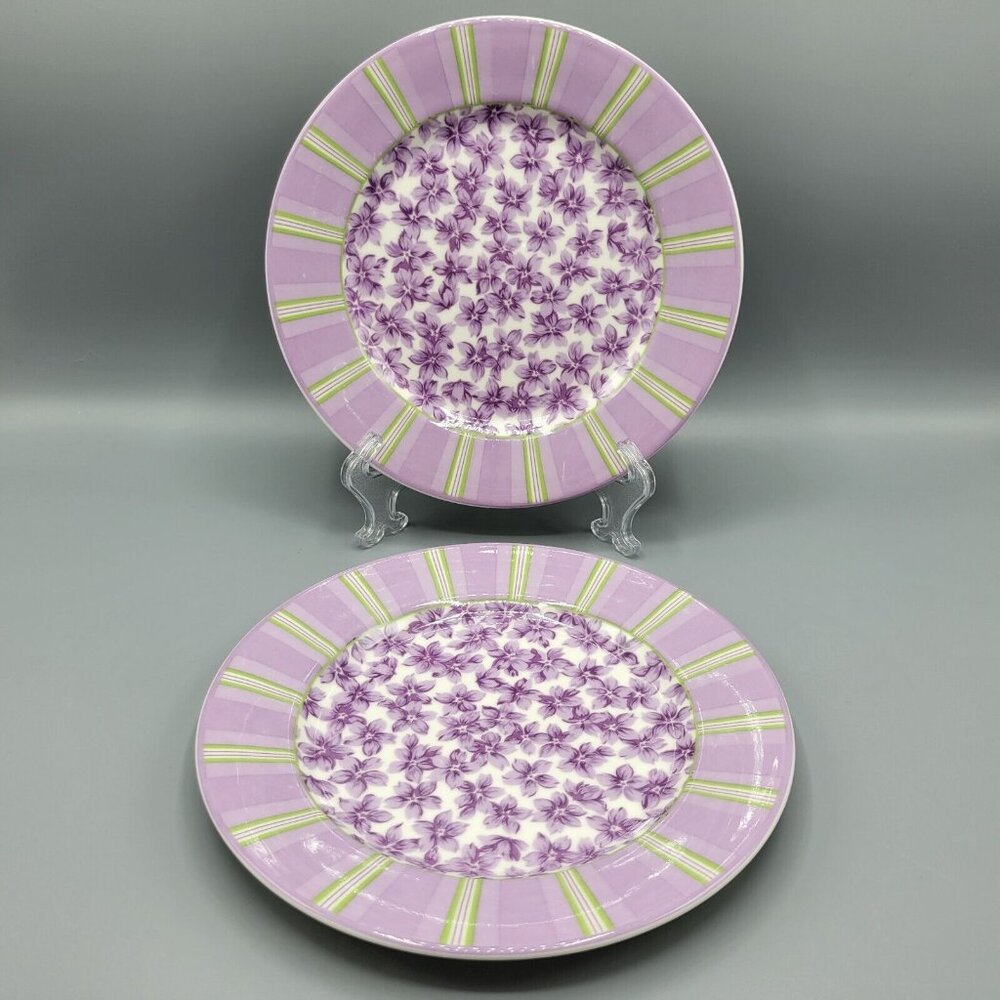 2 Waverly Garden Room Field Of Flowers Salad Plate 8.25" Purple Floral Striped
